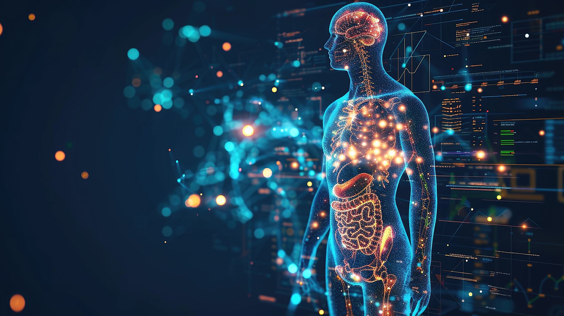 Figura umana digitale di profilo, con organi evidenziati e dati clinici, che rappresenta la visione integrata del paziente.